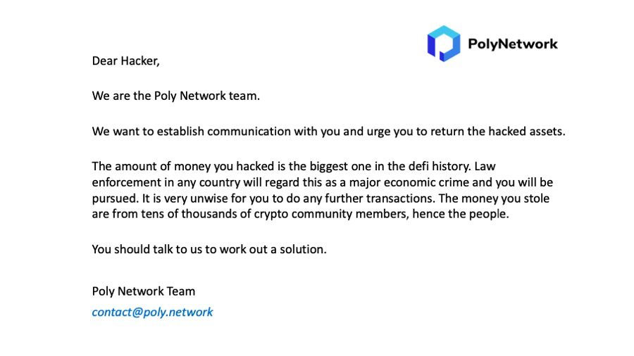 Brief nach PolyNetwork Hack von dem Team an den Hacker