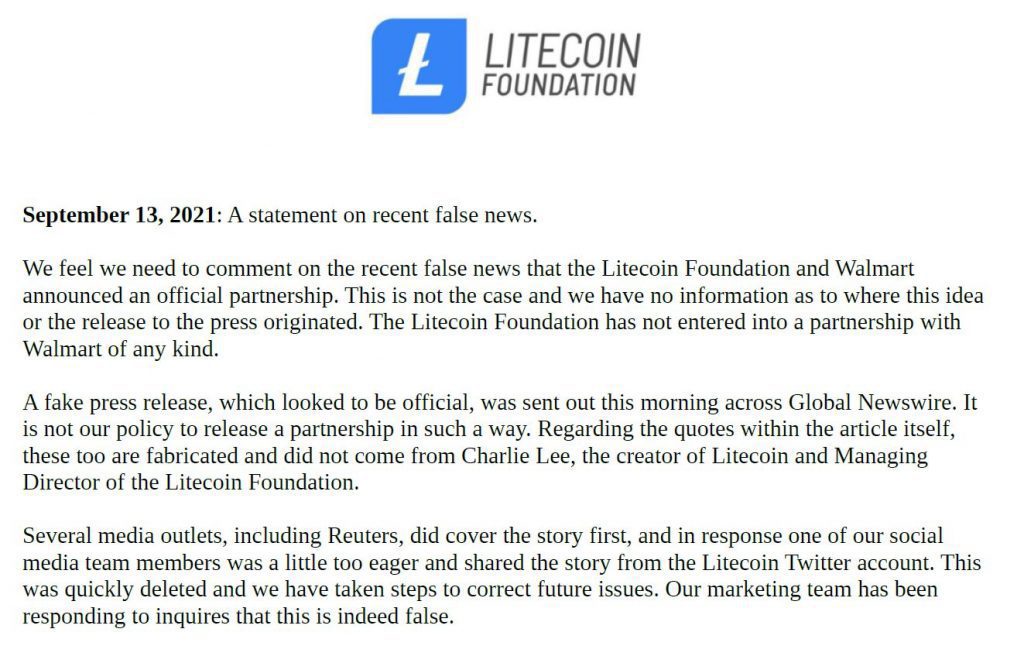 Fake Litecoin News Statement