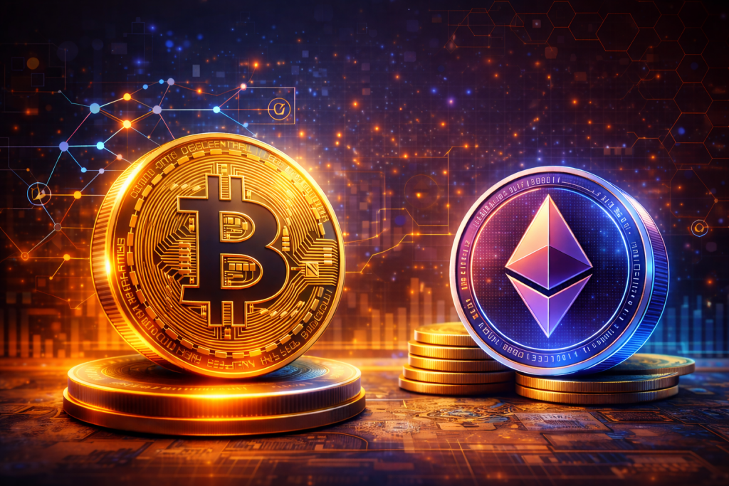 Bitcoin Münze (BTC) und Ethereum Coin (ETH) stehen sich gegenüber