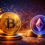 Bitcoin Münze (BTC) und Ethereum Coin (ETH) stehen sich gegenüber