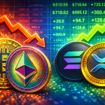 Bitcoin (BTC), Ethereum (ETH), Solana (SOL), Ripple (XRP) in einem Bild mit unterschiedlicher Performance