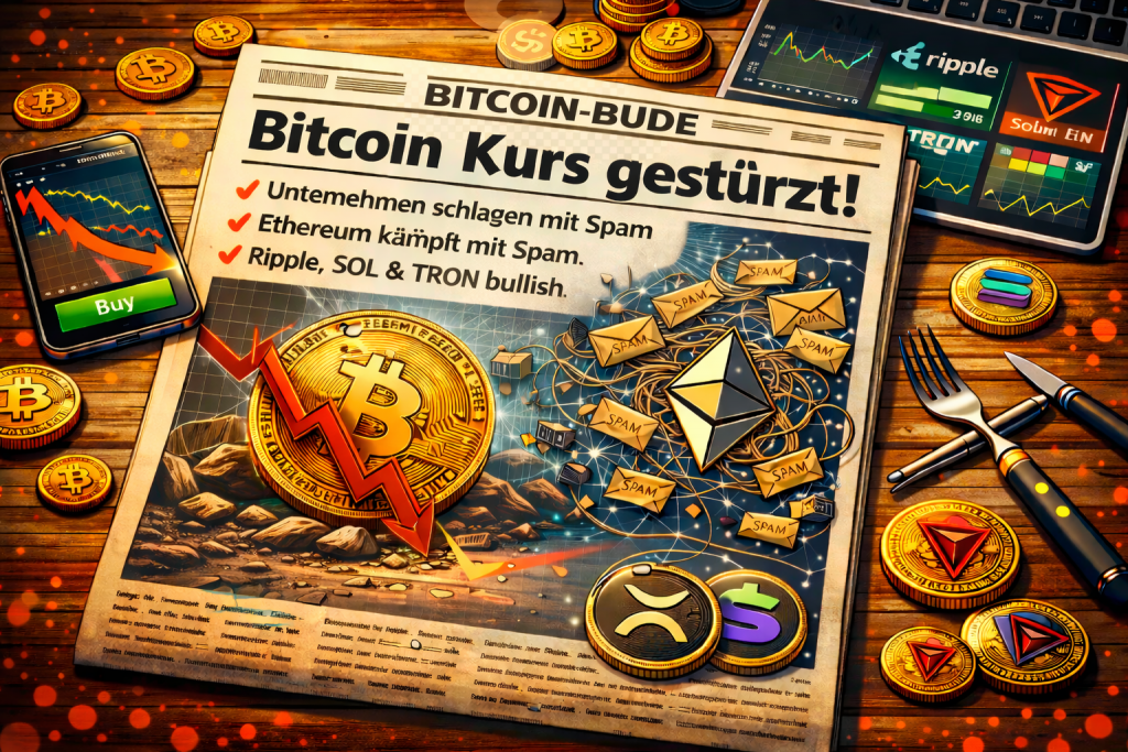 Bitcoin News über BTC Käufe, Bitcoin Kurs stürzt ab, Ethereum News über Spam und Staking-Stau, Solana und XRP ETFs ziehen Kapital an, Ripple News über neue Integrationen und TRON als unterschätzter Geheimtipp