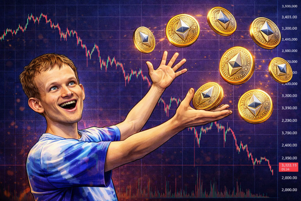 Ethereum News zu ETH Verkäufen von Vitalik Buterin mit Ethereum Kurs im Hintergrund