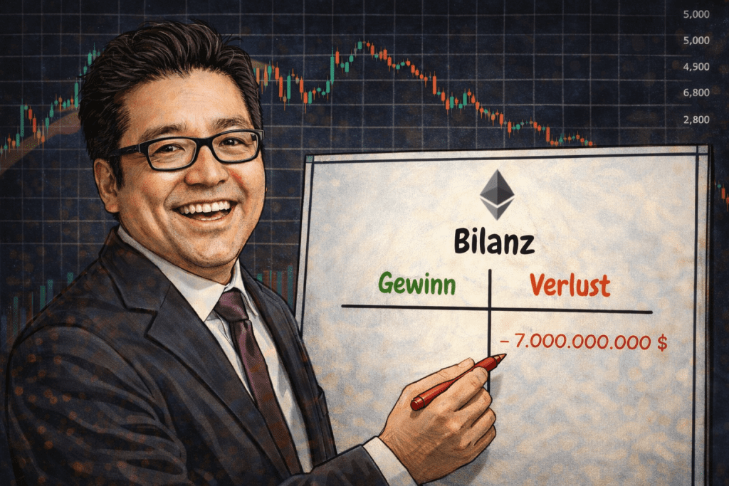 Bitcoin News Titelbild zeigt Tom Lee, wie er für BitMine Verlust nach Ethereum Kurs Crash einträgt