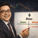 Bitcoin News Titelbild zeigt Tom Lee, wie er für BitMine Verlust nach Ethereum Kurs Crash einträgt