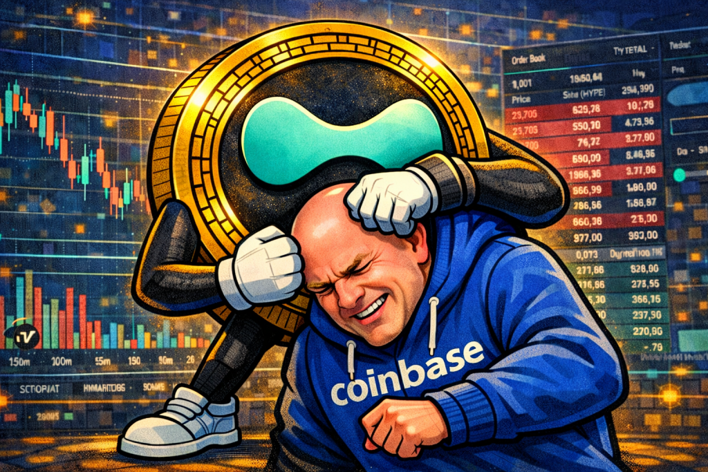 Titelbild zur Hyperliquid News, mit der HYPE Coin, die den Coinbase-CEO Im Schwitzkasten hat.