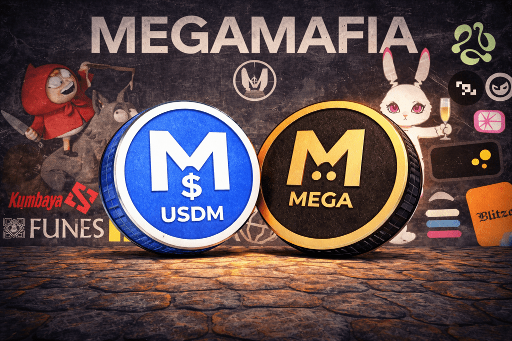 MEGA Coin und USDM Coin von MegaETH mit MegaMafia im Hintergrund