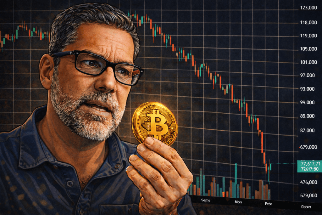 Bitcoin News: Raoul Pal betrachtet BTC-Münze mit Bitcoin Kurs Crash im Hintergrund