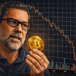 Bitcoin News: Raoul Pal betrachtet BTC-Münze mit Bitcoin Kurs Crash im Hintergrund