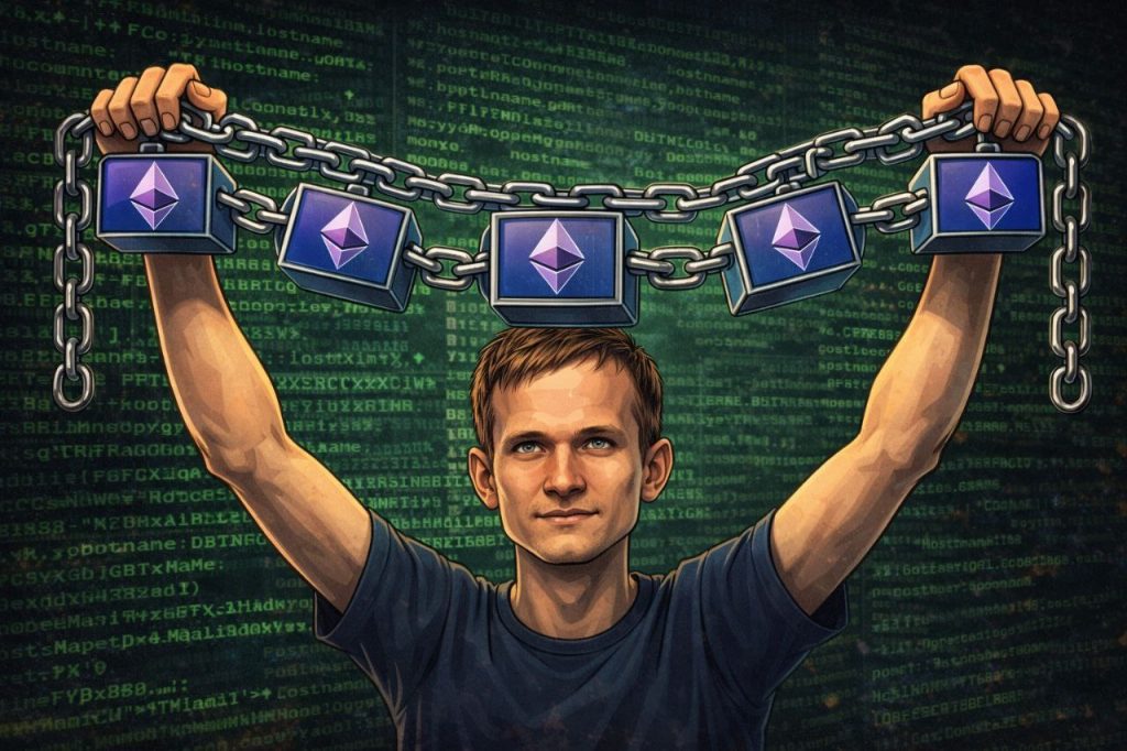 Vitalik Buterin hält die Blockchain von Ethereum hoch (Titelbild für eine aktuelle Ethereum News)